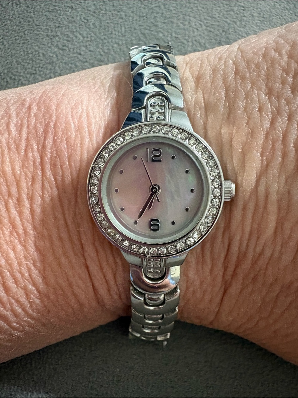 Silvertone MOP Women’s Watch With Crystals 8” NEW And NEW Battery